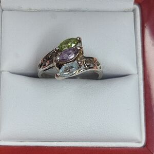 Sterling Silver Ring with Green, Purple, and Blue Stones
